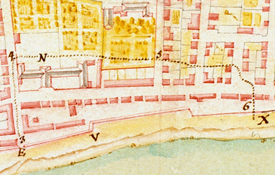 [ D�tail d'un plan de Montr�al en 1734 montrant le secteur incendi� le 10 avril, Chaussegros de L�ry, Gaspard-Joseph, Biblioth�que nationale de France Topographie-mati�re (suppl�ments non class�s), vol. 16, T. 1, Am�rique septentrionale ]