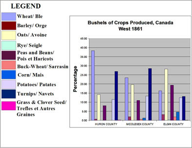 [ Chart Showing Bushels of Crops Produced, Selected Counties in Canada West, 1861, Natalie O'Toole, Great Unsolved Mysteries in Canadian History Team, Calgary, Compiled from government census data ]
