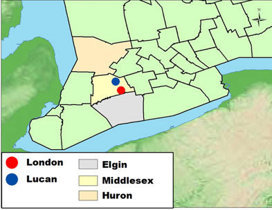 [ Map of Counties in Southern Ontario, Natalie O'Toole, Great Unsolved Mysteries in Canadian History Team, Calgary,   ]