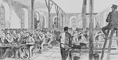 [ Prisoners Eating at the Kingston Penitentiary, 1875, Prisoners at Kingston Penitentiary ate breakfast and lunch together, but ate supper by themselves in their cells.  This illustration is a detail of a larger picture that originally appeared in 