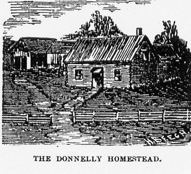 [ Drawing of the Donnelly Homestead, This drawing originally appeared in the 1880 newspaper coverage of the Donnelly murders.  It is reprinted in Donald L. Cosens, ed. 