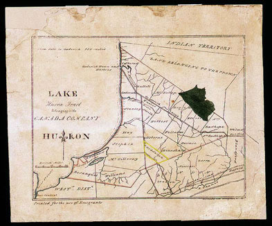 [ Map of the Lands in the Huron Tract Belonging to the Canada Company, The borders of Biddulph are highlighted in yellow. The bottom-left corner claims the map was 