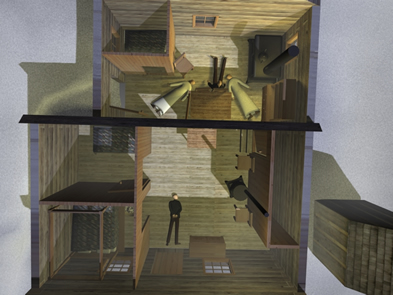[ Overhead View of Murder Scene at the Donnelly Homestead, Based upon models and plans by Ray Fazakas with 
additional research by Jennifer Pettit, Kori Street and L�on Robichaud. Copyright Great Unsolved Mysteries in Canadian History Project

, L�on Robichaud and Mathieu Bilodeau,   ]