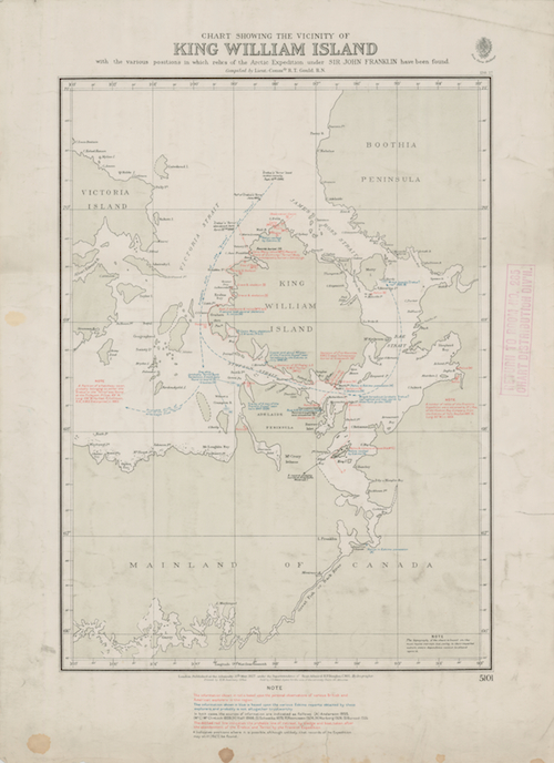 Carte montrant les environs de l’île du Roi-Guillaume et les endroits où les reliques de l’expédition de sir John Franklin ont été trouvées