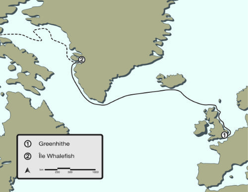 Greenhithe, England. Franklin’s expedition departed on May 19, 1845 with 134 officers and crew. During the first leg of the voyage, letters written by the men were sent home.