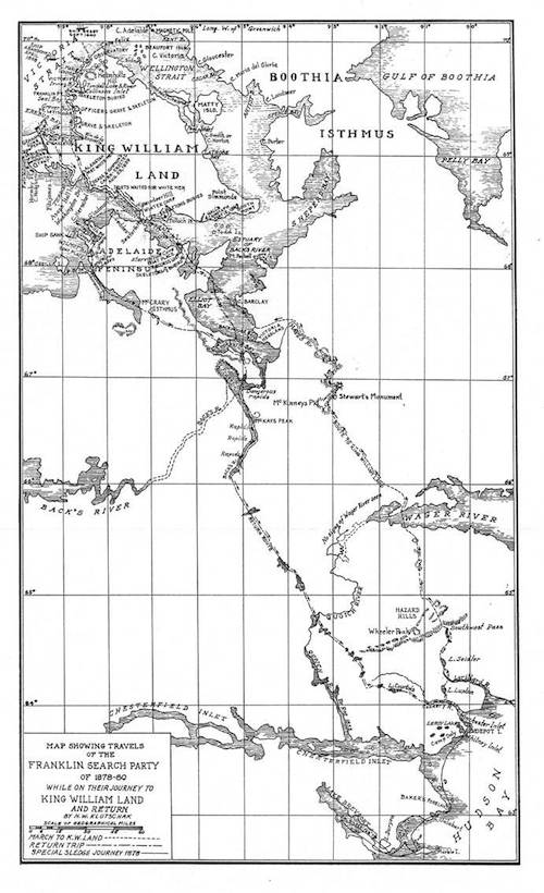 Carte des trajets en traîneaux et des recherches sous le commandement du lieutenant Fred'k Schwatka, 1878-1879-1880, à la recherche de Franklin
