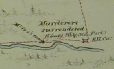 [ La capitulation des meurtriers, d�tail, D�tail de la carte d'Alexis montrant l'endroit o� a �t� captur� Klatsassin. � partir d�une carte initialement dessin�e par les Indiens Alexis et Ualas, telle qu�interpr�t�e par M. Ogilvie et sign�e par W. Cox au lac Benshee., Alexis and Ualas, Public Record Office, Great Britain MPG 654 1 ]