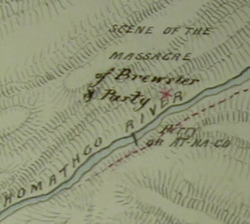 [ Carte d'Alexis montrant le lieu du massacre de Brewster, D�tail de la carte d’Alexis montrant le lieu de l'attaque sur les travailleurs de la route. � partir d’une carte initialement dessin�e par les Indiens Alexis et Ualas, telle qu’interpr�t�e par M. Ogilvie et sign�e par W. Cox au lac Benshee le 22 juillet 1864., Alexis and Ualas, Public Record Office, Great Britain MPG6541 ]