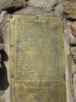 [ Plaque, Tom Thomson Memorial Cairn, Hayhurst Point, Canoe Lake, Algonquin Park ]