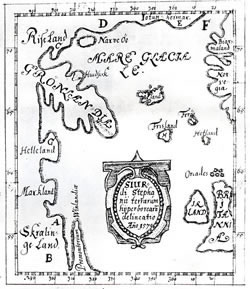 [ Stefnsson map, c.1590, The map shows Greenland as part of the polar mainland and Helluland, Markland and Skrlingeland south and west of Greenland. Separated from the latter by a narrow strait is a long narrow peninsula called in Latin Promontorium Vinlandi, the Promontory of Vinland. The peninsula is more or less on the same latitudes as England and Ireland., Sigurd Stefnsson, Manuscript Department, Royal Library, Copenhagen  ]