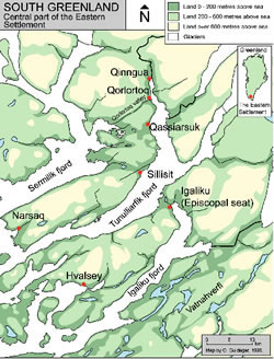 [ Map of Central Part of the Eastern Settlement, Greenland, Map of the area around Brattahlid. The names are the current Greenlandic Inuit names.
Tunulliarfik Fjord — Erik's Fjord
Qassiarsuk — site believed to be Erik the Red's Brattahlid
Quinngua — also proposed to be Brattahlid
Igaliku — Gardar, home of Freydis Erik's daughter, later the seat of the Bishop of Greenland, Ole Guldager,   ]