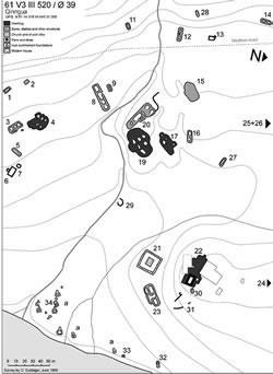 [ Map of Norse Ruins at Qinngua that may be Brattahild, Fig. 42. General plan of Ruin group 520 / � 39.

1. Stone-built house, 8 x 6 m. 2. Small and indistinct stone-built house (observed by Albrethsen in 1970). 3. Byre, built of turf and stones, 15 x 7-9 m. 4. Dwelling, app. 25 x 10-20 m. 5. A stable, built of stones and turf, 13 x 4m. 6. Stone-built pen, 12 x 9 m, with an extension. 7. A stone foundation of a small house, 4 x 3 m. 8. Byre, built of turf and stones 33 x 8 m. 9. House or stable, built of turf and stones, 8 x 5 m. 10. Part of Ruin 8. 11. Stone-built house, 8 x 5 m. 12. A stable, mainly built of stones, 17 x 5 m. l3.A stone- built pen, 11 x 7 m with an attached enclosure. 14. Stable, built of turf and stone, 17 x 5 m, indistinct (observed by Albrethsen in 1970). 15. Turf- and stone-built complex, probably a dwelling, app. 24 x 14 m. The ruin has recently been disturbed by placing large boulders on top of it. 16. Stable, built of turn and stones, 15 x 5 m. 17. Turf- and stone-built complex, probably a dwelling, 30 x 13 m. 18. An indistinct ruin, built of turf and stones, 6 x 4 m (observed by Albrethsen 1970). It probably lies next to Ruin 17, on the eastern side. 19. Dwelling, app. 38 x 20-25 m. 20. Byre, built of turf and stones, 30 x 9-16 m. At the north-west end, a stone-built dike is seen. 21. Presumed church with surrounding church dike. The central structure (church) has collapsed into a pile of stones, but it probably represents a stone-built house or a stone foundation of about 10 x 6 m. The dike is stone-built and almost square in plan, with a side length of app. 20 m. 22. Dwelling, app. 40 x 20 m, but partly disturbed by recent building activity. In the eastern end, a very distinct stone-built room is seen, measuring 13 x 8 m. lt could be the hall of the church farm. 23. Byre, built of turf and stones, 25 x 12 m. 24. A stable? Built of turn and stone, app. 14 x 7 m, with an extension, measuring 7 x 4 m. On the northern side lies a stone-built pen, measuring 7 x 7 m. 25. Stone-built house, 7 x 4 m. lt is situated on a hill, some distance from the other ruins. 26. Stone- built stable, 17 x 8 m situated some distance from the other ruins, near the next stream (observed by Albrethsen 1970). 27. A stable? An indistinct and mainly turf-built structure, app. 15 x 6 m. This ruin could be an early dwelling. 28. A stable, built of turn and stones, 12 x 3 m. 29. Stone- and turf-built pen, 13 x 8 m, indistinct. Parts of it have been eroded by the river. 30. Small pit house, built of turn and stones, 5 x 3 m. 31. Some remains of stone-built dikes. 32. Turf- and stone-built house, 7 x 4 m. 33. Turf- and stone-built house. Only about half of it (3 x 3 m) remains, the rest has eroded away. 34. A house, built of turf and stones, 7 x 4 m. lt is situated among the later Inuit settlement (a). The ruin could however belong to this phase too, even though it looks slightly different. a. Inuit tent foundations. Earlier surveys by Bruun (1895, 307) and Albrethsen & Berglund 1970-71 (report in the National Museum of Denmark, Danish Middle Ages and Renaissance).

, Ole Guldager,  Fig. 42 ]