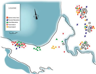 [ Aboriginal Occupations, Most of the Aboriginal sites were on the southern shore of the bay. There were also Aboriginal fireplaces and hut floors around and mixed in with the Norse houses.  The Norse upset century-long soil accumulations when they dug their floors into the ground to the same level as that used by Aboriginal people long before them., Vis--Vis Graphics,   ]