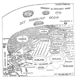 [ Map of northern Europe as envisioned by Adam of Bremen, Norge — Norway
Skridfinner —  Saami
Riphiske Mountains  —  Mountains of the giants
Kyklopernes  — The island of the Cyclops
De enbenede — The Unipeds
Menneskederne — The Cannibals
De lngelevende — The Long=lived people
Hundehovederne —  The Doh-headed people
Kvindernes land — Land of the Amazons
Danmark — Denmark
Skne — Scania [now southern Sweden]
Kurland — northern Germany
Estland — Estonia
Rusland — Russia, Axel Anton Bjrnbo,   ]