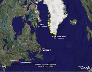 Carte montrant les colonies groenlandaises et les emplacements possibles du Vinland 