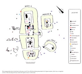 [ A-B-C Complex Map, A-B-C BUILDING COMPLEX

The southermost complex consisted of three buildings: hall A,  house, house B, and hut C. 

Hall A
The hall was very large, 29 m long on the outside and with more than 1000 square feet of room inside. This is double the size Erik the Red's hall in Iceland. 

The hall had three rooms, in which people lived, slept and ate, rooms I, II, and IV. All these rooms had a substantial fireplace.  The smallest room,  II, was probably for one of two leaders on the site and his closest companions. People slept and sat on wooden platforms along the walls. Room III was a workshop where iron was forged into objects, probably boat nails. The iron made in the furnace across the brook was heated over a hot charcoal fire in a pit, then worked on an anvil set into a tree trunk close to the fire. 
A cloak pin of bronze was found in the firepit. 

House B
House B had a wooden platform along one wall. Iron workers lived here, and bog ore had been roasted on the floor. The fireplace was by the southern wall. The wall was protected by an upright stone. 

Huts C
Hut C was the most primitive dwelling on the site, with no special arrangements for seating or sleeping. People must have slept on straw directly on the floor. It has the same kind of fireplace as in House B.
, Vis-�-Vis Graphics,   ]