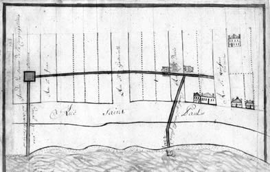 [ Plan montrant le canal qui sera construit entre la mare   Bouchard et le fleuve Saint-Laurent , Anonyme, ANQM CN601-329//2, Copie No 2A, tiroir 5:03 ]