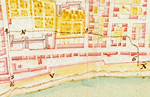 Détail d'un plan de Montréal en 1734 montrant le secteur incendié le 10 avril