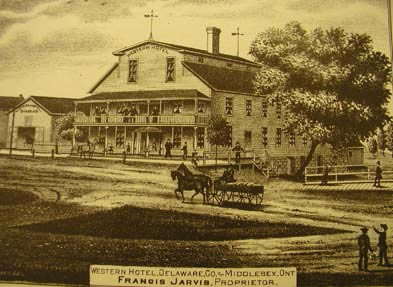 [ Western Hotel in Delaware, Middlesex County, 1878, Drawing from H.R. Page & Co., Illustrated Historical Atlas of the County of Middlesex, Ont., 1878, Unknown, University of Western Ontario Archives  ]