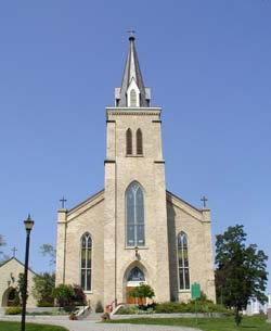 [ Front View of St. Patrick's Roman Catholic Church, Biddulph, 2005, Copyright Great Unsolved Canadian Mysteries Project, Jennifer Pettit,   ]