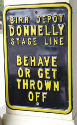 [ Novelty Stage Line Sign, This sign was found posted outside a store in Birr, Ontario.  Copyright Great Unsolved Canadian Mysteries Project, Jennifer Pettit,   ]