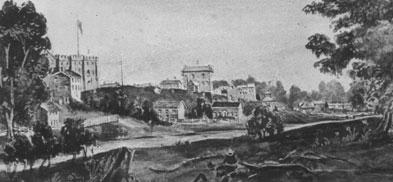 [ London, Looking SE Across the River, The courthouse is pictured in the top left of the drawing., Unknown, University of Western Ontario Archives Historical Tray #2, 1840 ]