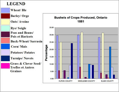[ Chart Showing Bushels of Crops Produced, Selected Counties in Ontario, 1881, Compiled from government census data. , Natalie O'Toole, Great Unsolved Mysteries in Canadian History Team, Calgary,   ]