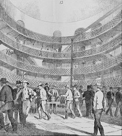 [ Prisoners Obtain their Supper at the Kingston Penitentiary, 1875, This is the dome that the convicts passed through on the way to their sleeping cells.  In the illustration they are receiving a tin of tea and a piece of bread for their supper.  This illustration is a detail of a larger picture that originally appeared in 