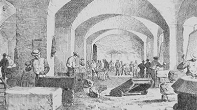 [ Stone Shed at the Kingston Penitentiary, 1875, Prisoners cut stones in the stone shed at the Penitentiary.  It was difficult work and punishment books reveal prisoners were often caught talking in the stone shed, which was forbidden.  This illustration is a detail of a larger picture that originally appeared in 