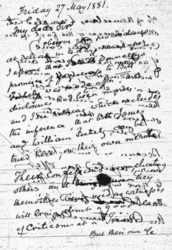 [ Photograph of the First Page of a Letter from Aemilius Irving to Charles Hutchinson, 27 May 1881, Unfortunately, over time, many of the letterbooks are becoming difficult to read since the ink is bleeding through from one side to the other as can be seen in this picture.   Photograph was taken in August, 2005 at the Archives and Research Collections Centre, University of Western Ontario.  Copyright Great Unsolved Canadian Mysteries Project, Jennifer Pettit,   ]