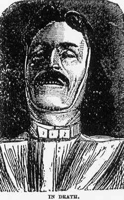 [ John Donnelly in Death, This drawing originally appeared in the 1880 newspaper coverage of the Donnelly murders.  It is reprinted in Donald L. Cosens, ed. 