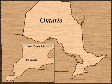 [ Map of Ontario Showing the Location of Lucan, Roland Longpre, Great Unsolved Mysteries in Canadian History Team,   ]