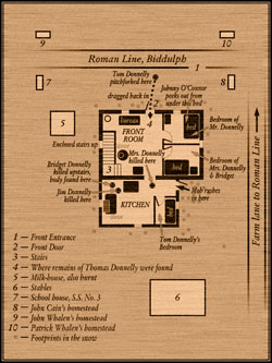 [ Diagram of the Murder Scene at the Donnelly Homestead, This diagram is based on a drawing that appeared in the 