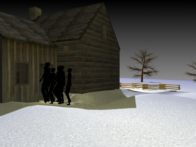 [ Mob Entering the Donnelly Cabin, Based upon models and plans by Ray Fazakas with 
additional research by Jennifer Pettit, Kori Street and Lon Robichaud. Copyright Great Unsolved Mysteries in Canadian History Project

, Lon Robichaud and Mathieu Bilodeau,   ]