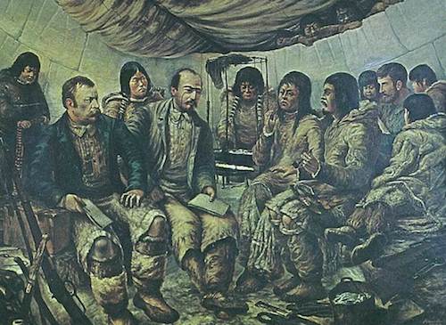 Frederick Schwatka and companions meeting with members of Netsilingmiut in the Arctic ca. 1880