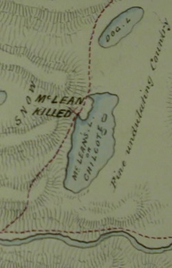 [ Alexis Map, Detail Showing Where McLean was Killed, Detail from the Alexis Map showing where McLean was killed. From map originally drawn by Indians Alexis and Ualas as interpreted by Mr. Ogilvie, signed W. Cox, Benshee Lake, 22 July 1864., Alexis and Ualas, Public Record Office, Great Britain MPG6541 ]