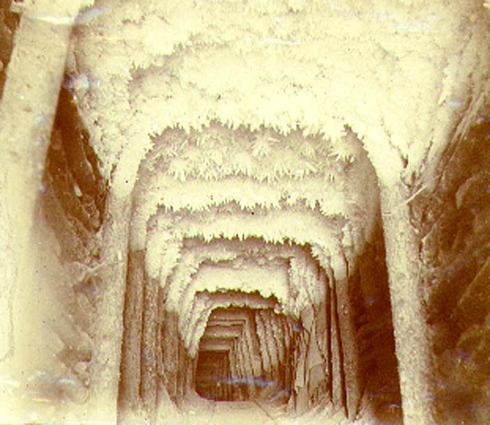 [ Frost in the entrance to a tunnel in a placer gold mine ]