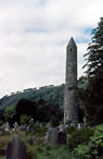 Tower built at Glendalough monastery in Ireland to protect monastic treasures during Viking raids.